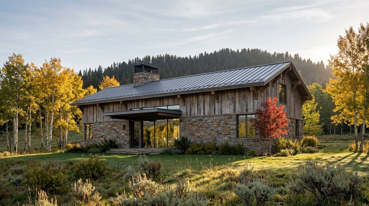 Mountain contemporary estate with stone and cedar facade, set beyond a meadow among golden aspens and a scarlet maple.