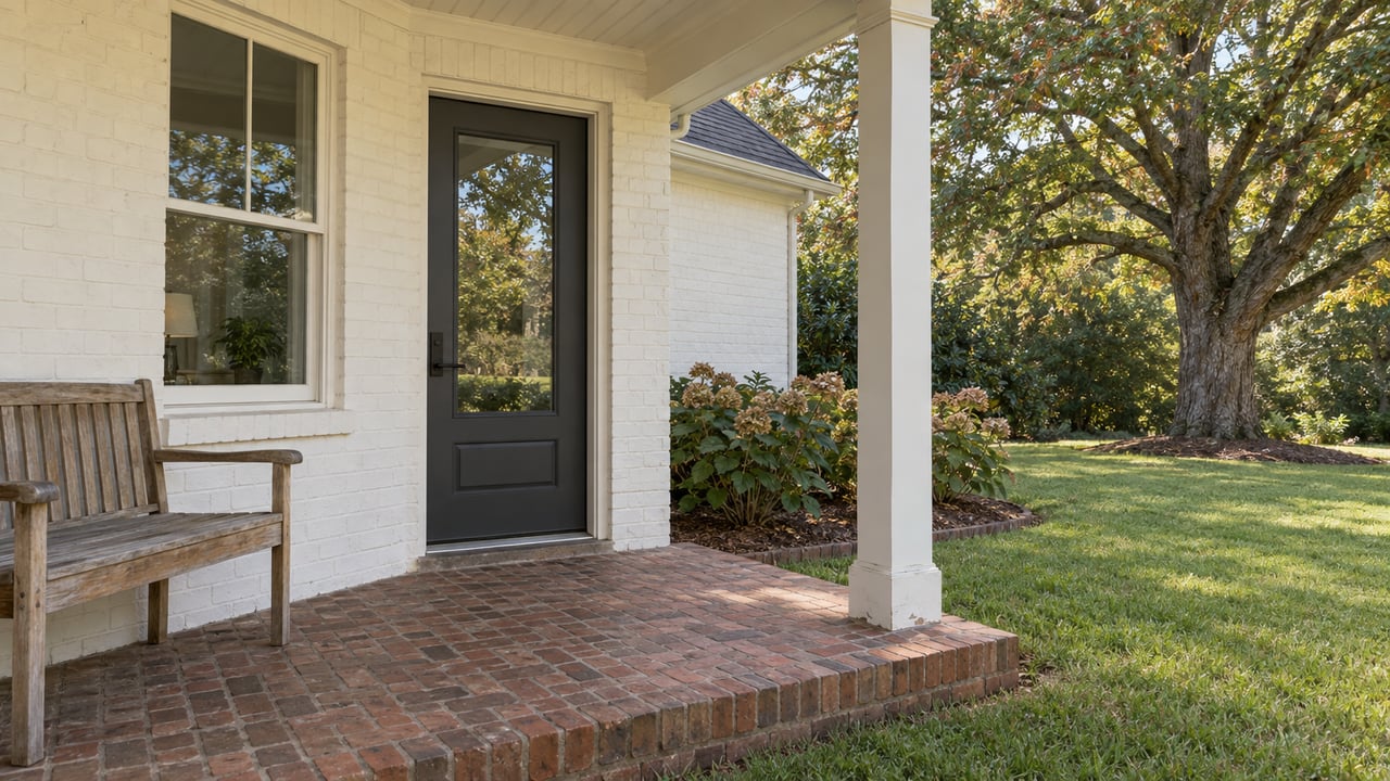 A white-painted brick home entry with a charcoal door, weathered teak bench and brick porch beside an oak-shaded lawn.