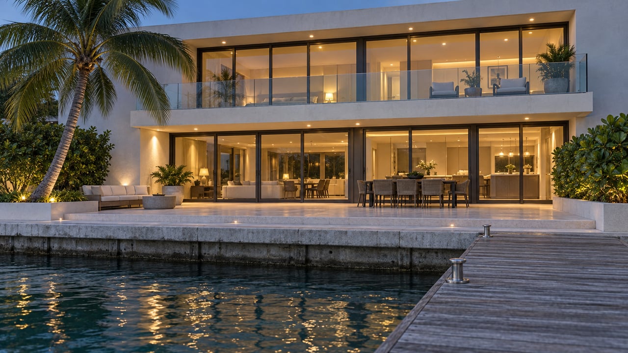 Two-story stucco waterfront home with glass balconies, warm-lit windows, a palm, and a dock over rippled water.