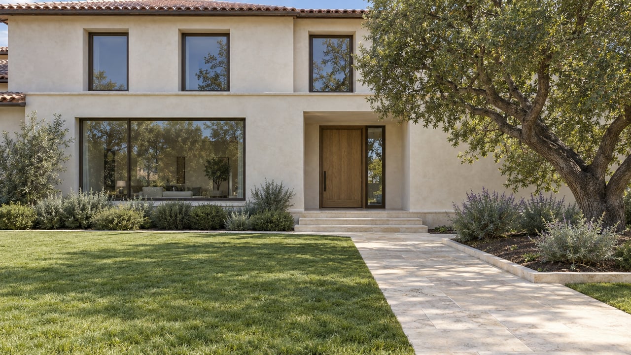Ivory stucco home with terracotta roof, bronze-framed windows, limestone entry approach and a mature oak beside a deep front lawn.