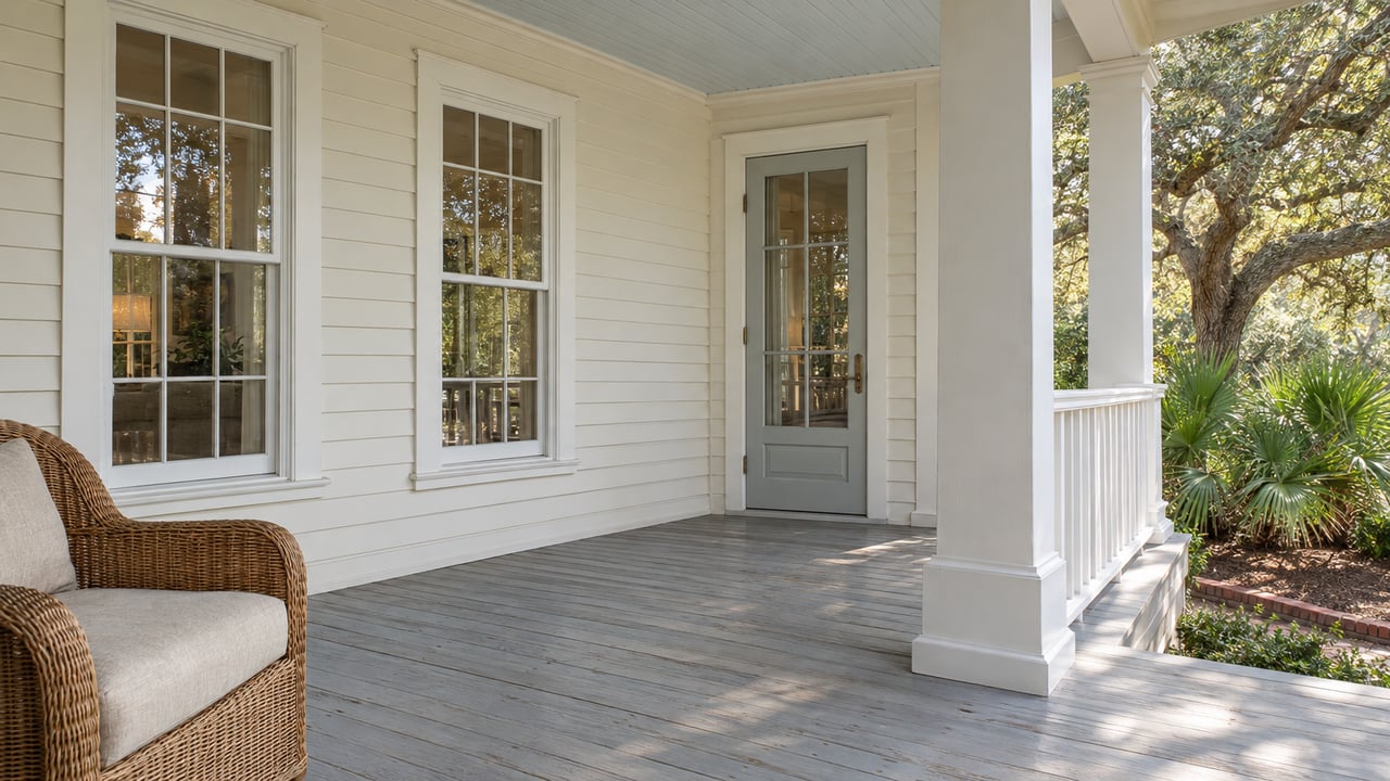 Cream clapboard home with tall windows and a glazed door opening onto a gray timber veranda, with a wicker chair and mature live oak beyond the railing.