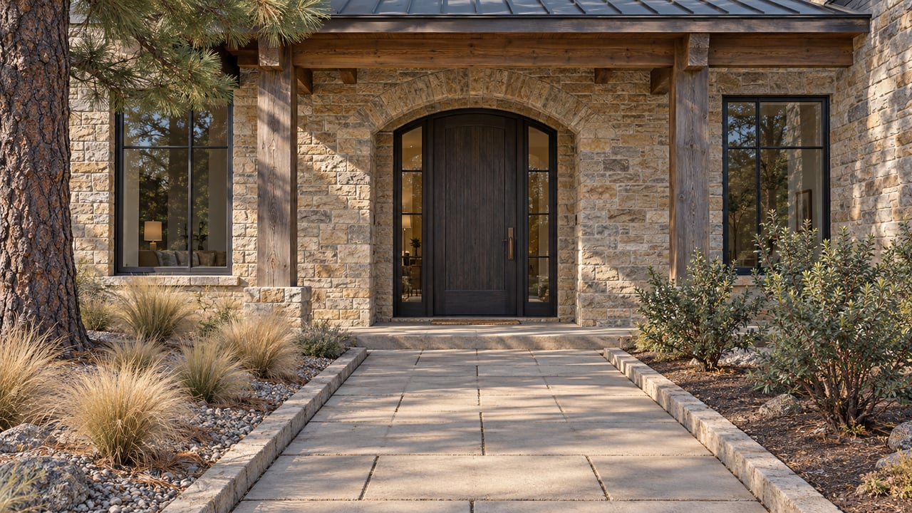 Stone-arched home entrance with cedar porch beams, black-framed windows and a broad paved approach beside autumn planting.