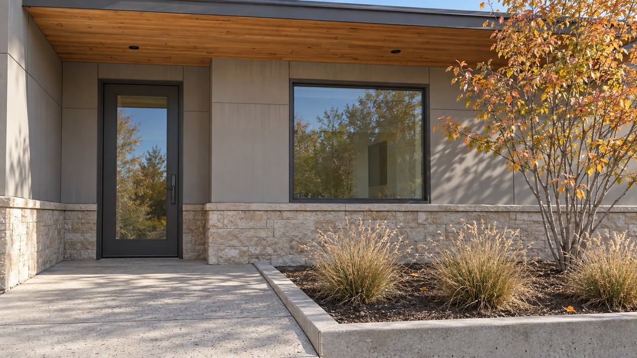 Contemporary home entrance with stone base, wood soffit and an autumn serviceberry beside an edged native grass bed.