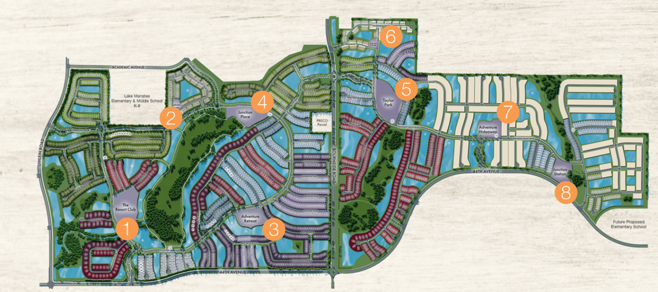 Master plan map of a planned community with numbered locations, residential areas, parks, schools, ponds and roads.