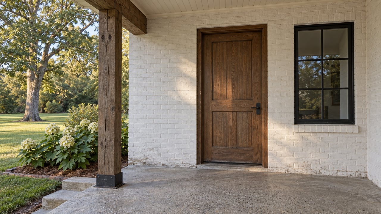 A covered porch with weathered timber supports, white-painted brick, a stained oak entry door and concrete steps beside a lawn.