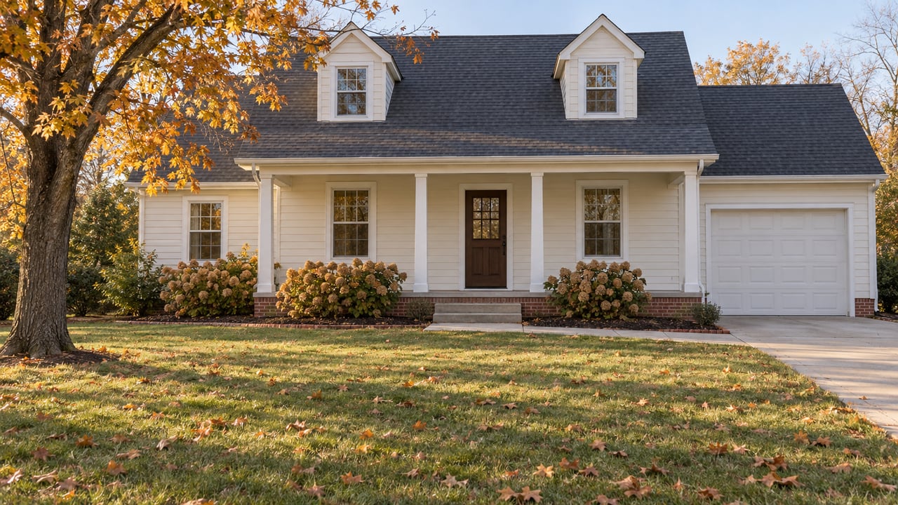 Cream-sided home with a covered porch, brick foundation and deep autumn lawn beneath a mature maple.