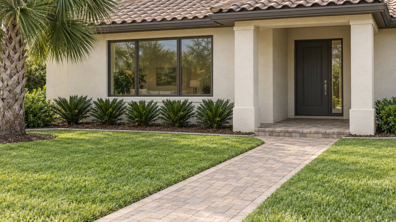 Ivory stucco home with sand-colored tile roof, covered entry, broad bronze-framed window and a deep lawn edged by a mature fan palm and coontie planting.