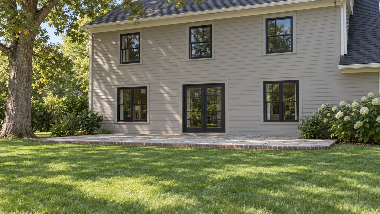 Two-story greige-sided house beyond a broad lawn, with a limestone terrace and mature tree at left.