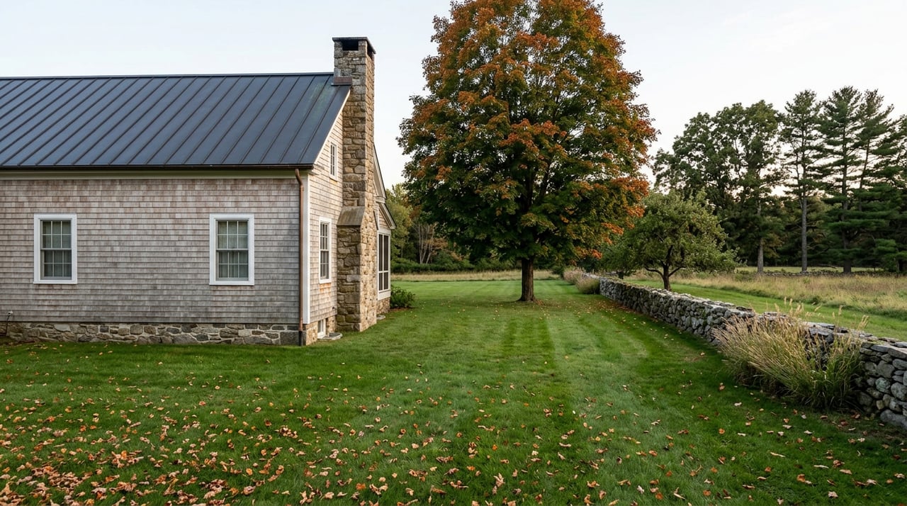 Farmhouse overlooks a broad autumn lawn, with a fieldstone wall, meadow, and orange-edged maple.