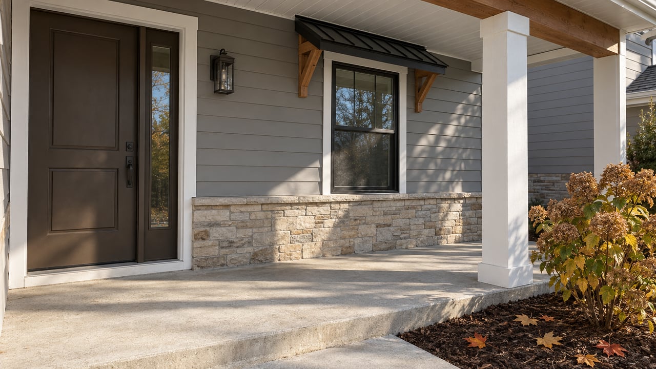 Covered front entry with gray lap siding, stone wainscot, a bronze door, and dried hydrangea flowers beside a concrete porch step.