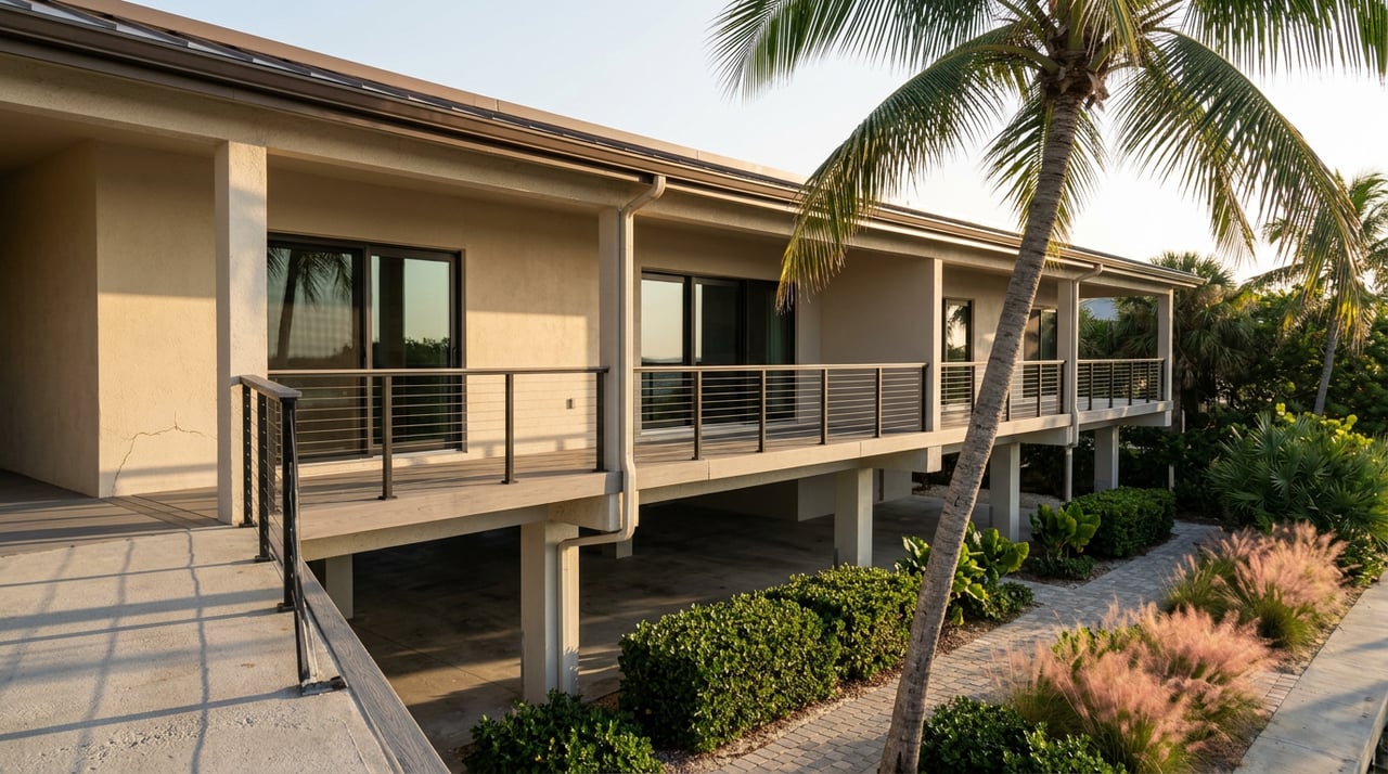 Elevated coastal condominium with a cable-railed balcony, open parking undercroft, and palms beside the facade.
