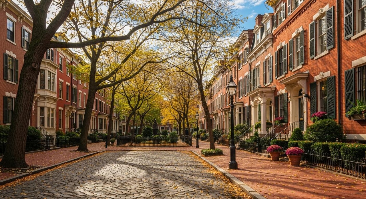 Fitler Square street lined with red-brick homes beneath autumn trees.