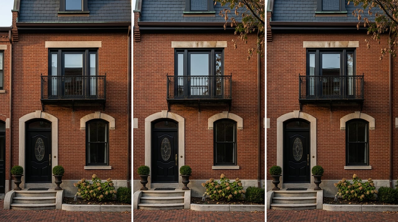 Victorian townhouse facade with arched black door, limestone stoop, Juliet balcony, and paired boxwood urns.