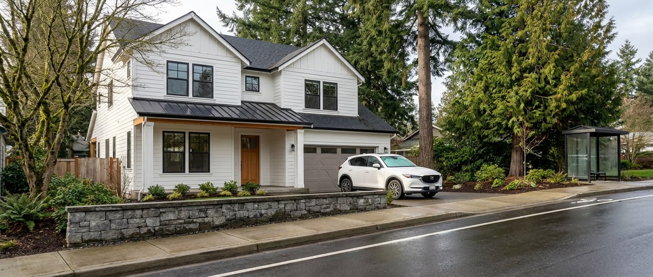 Modern farmhouse beside a suburban street, with a sidewalk and wet pavement under evergreen trees.