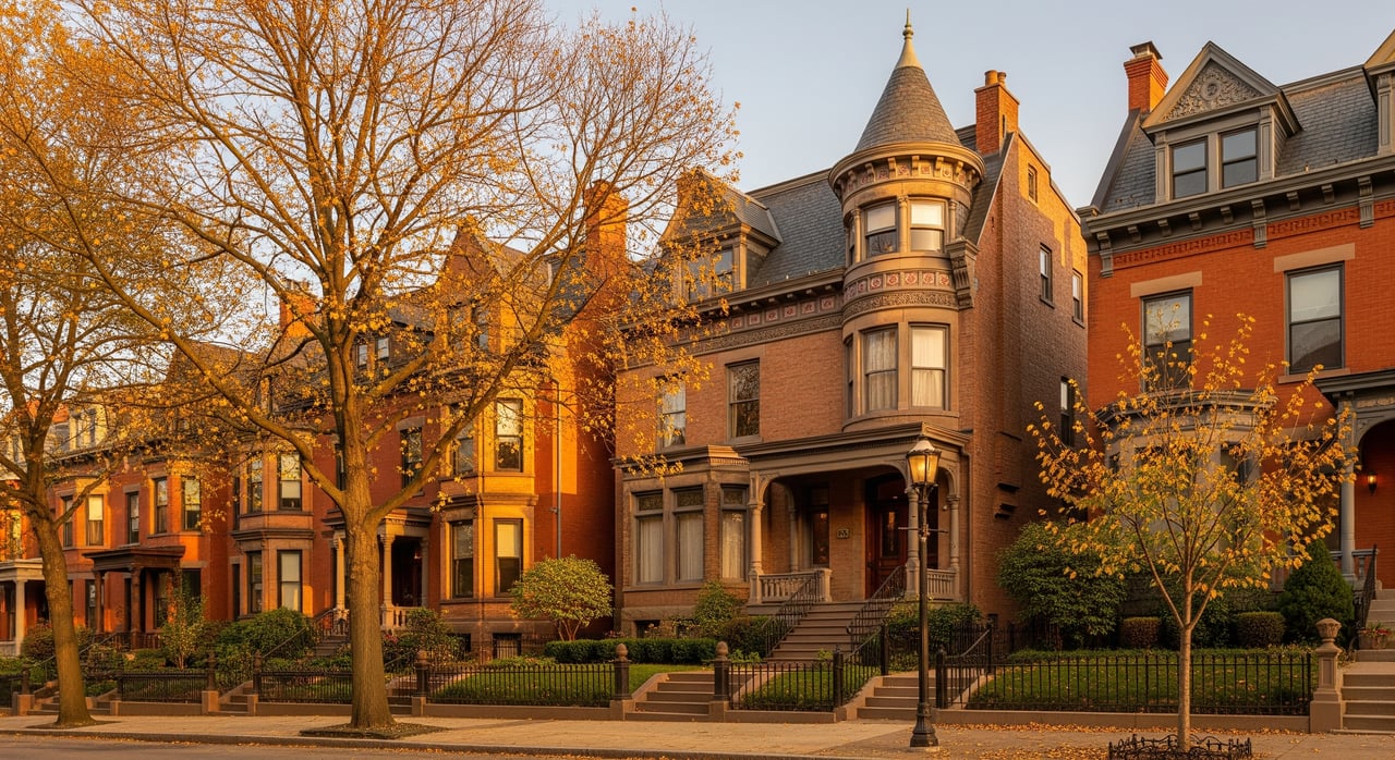 Historic brick row houses with a turret and steep roofs behind autumn trees.