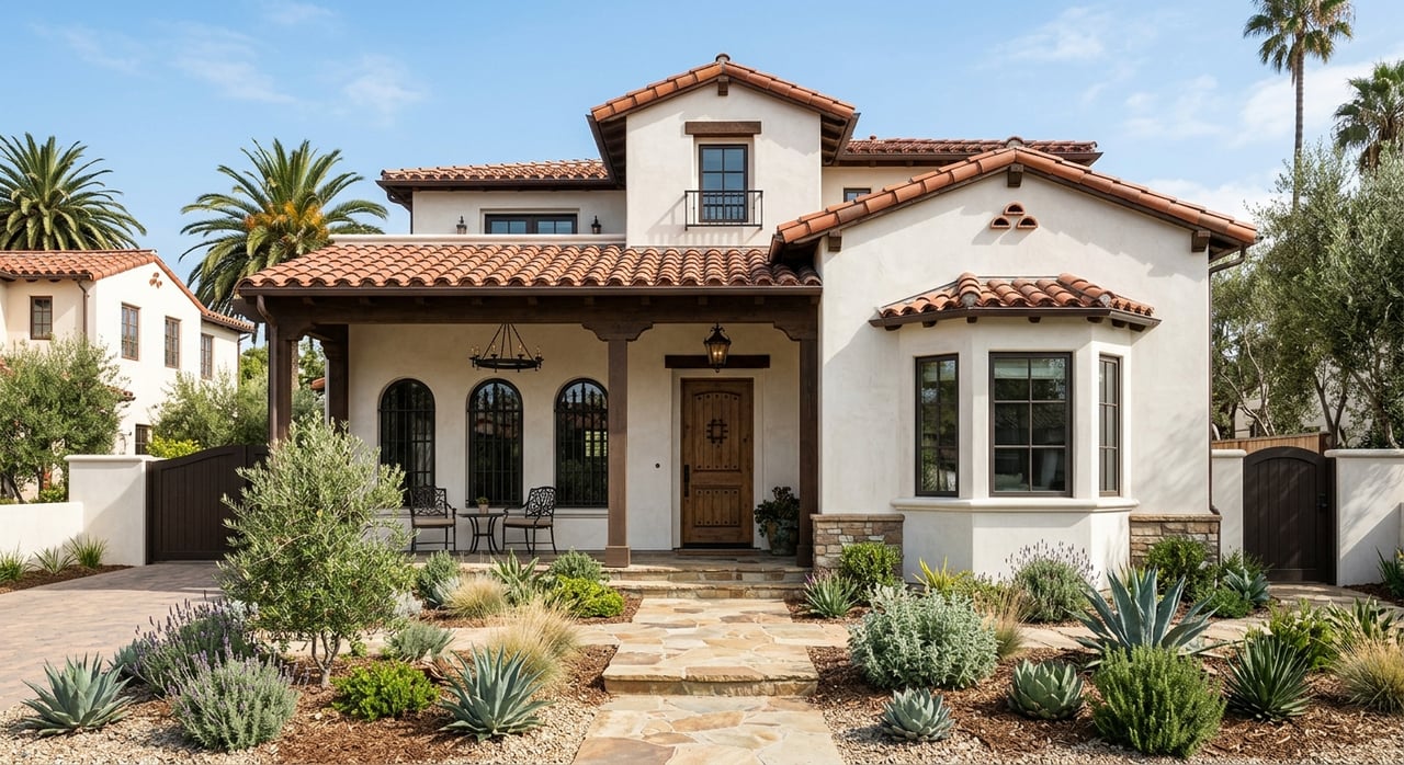 Stucco house with a clay-tile roof, three-panel bay window, and limestone walkway through a garden.