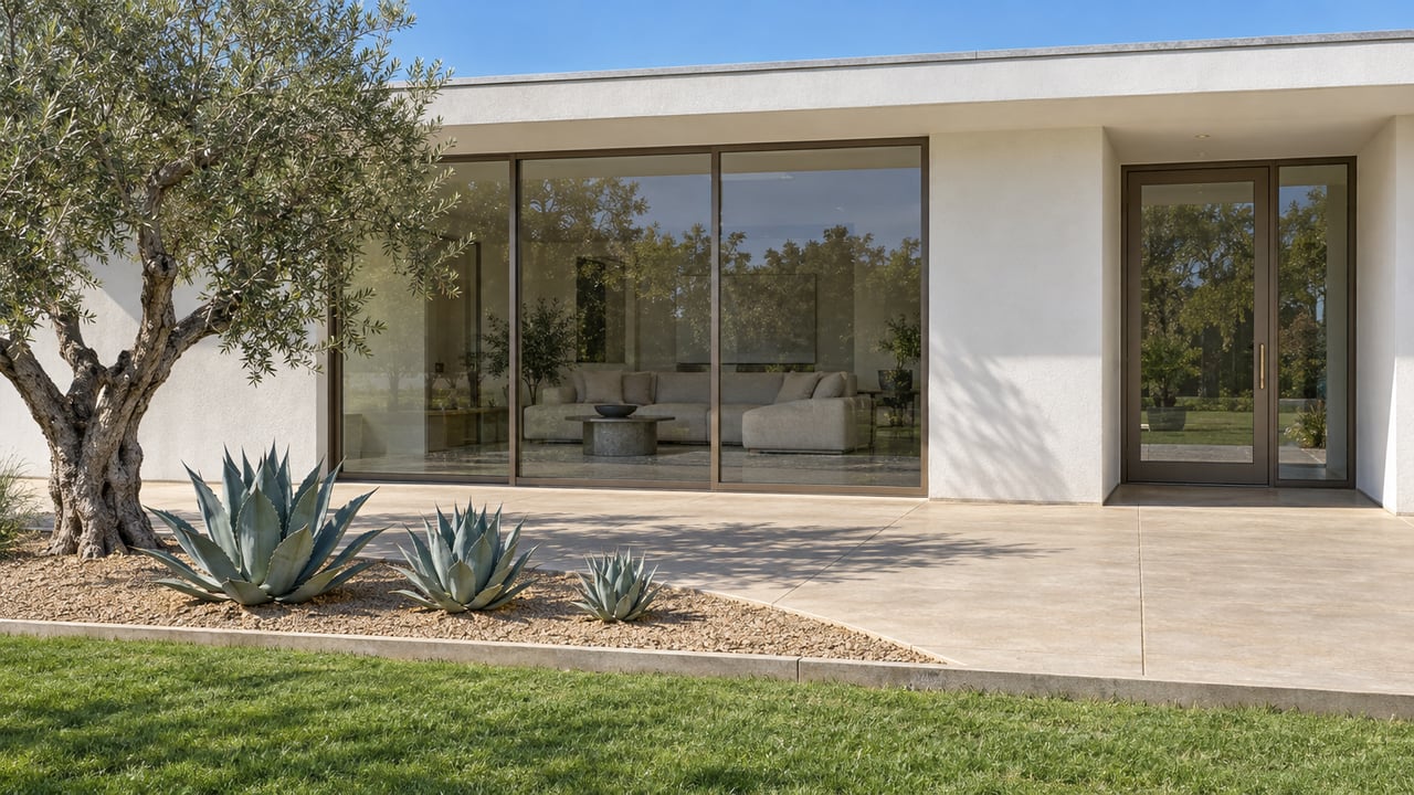Low white-stucco home with bronze-framed glass, a buff concrete terrace, mature olive tree and three agaves beside a lawn.