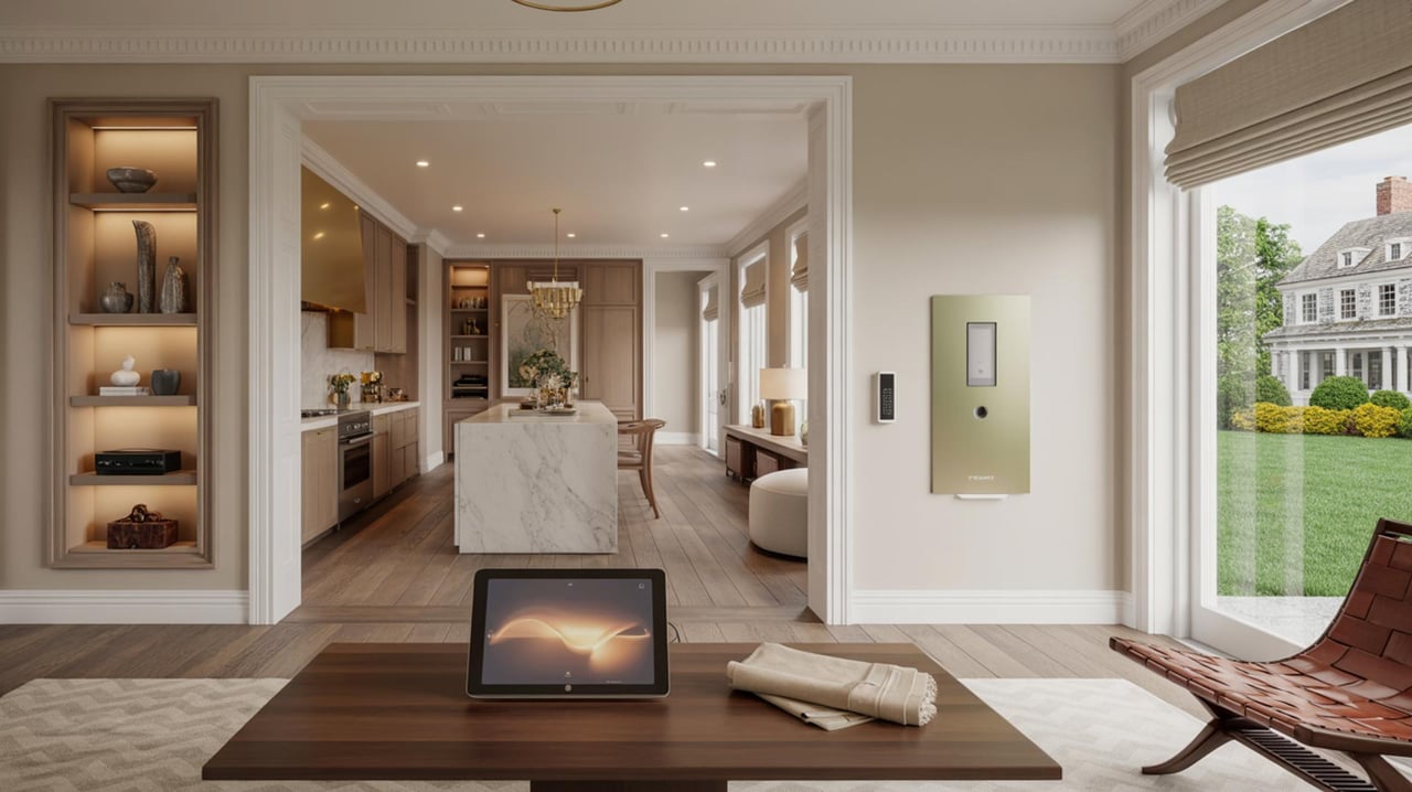 Neutral-toned interior with marble island, tablet and book on coffee table, garden visible through window.