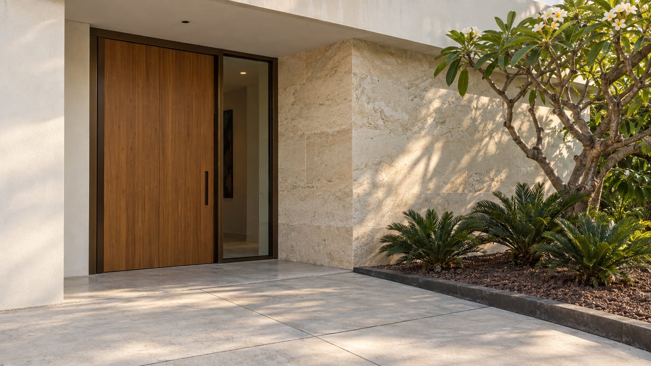 Recessed home entrance with a teak door, limestone wall, plumeria tree, and pale concrete arrival pad.