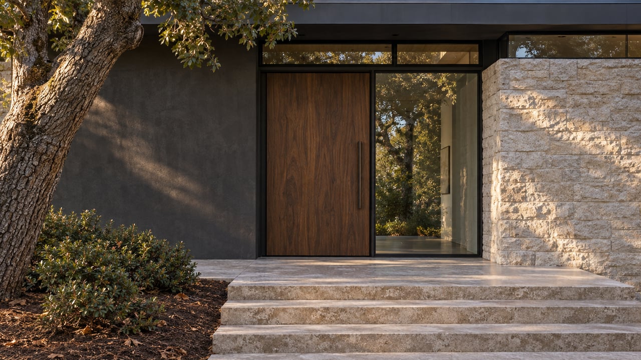 Recessed walnut entry door beside pale split-face stone, with wide stone steps and an oak tree at left.