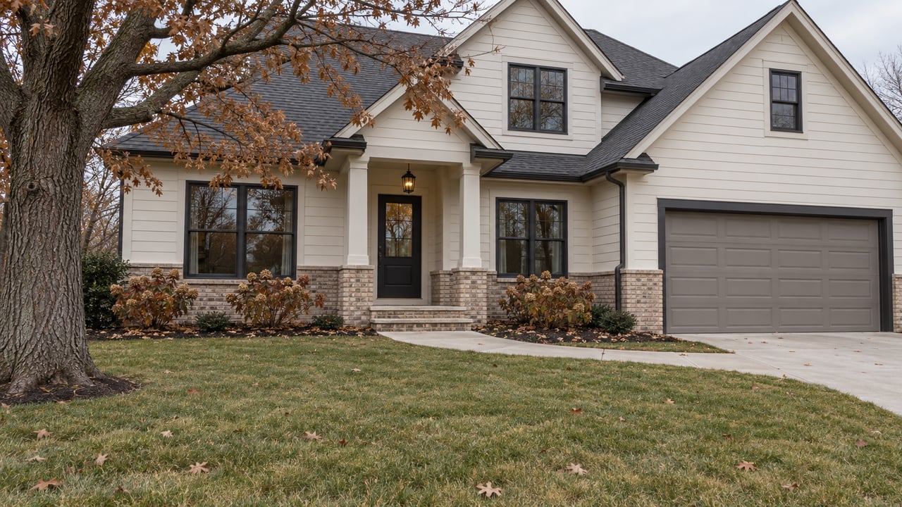 Updated gabled home with ivory siding, buff brick, a deep late-autumn lawn and an oak beside the front approach.