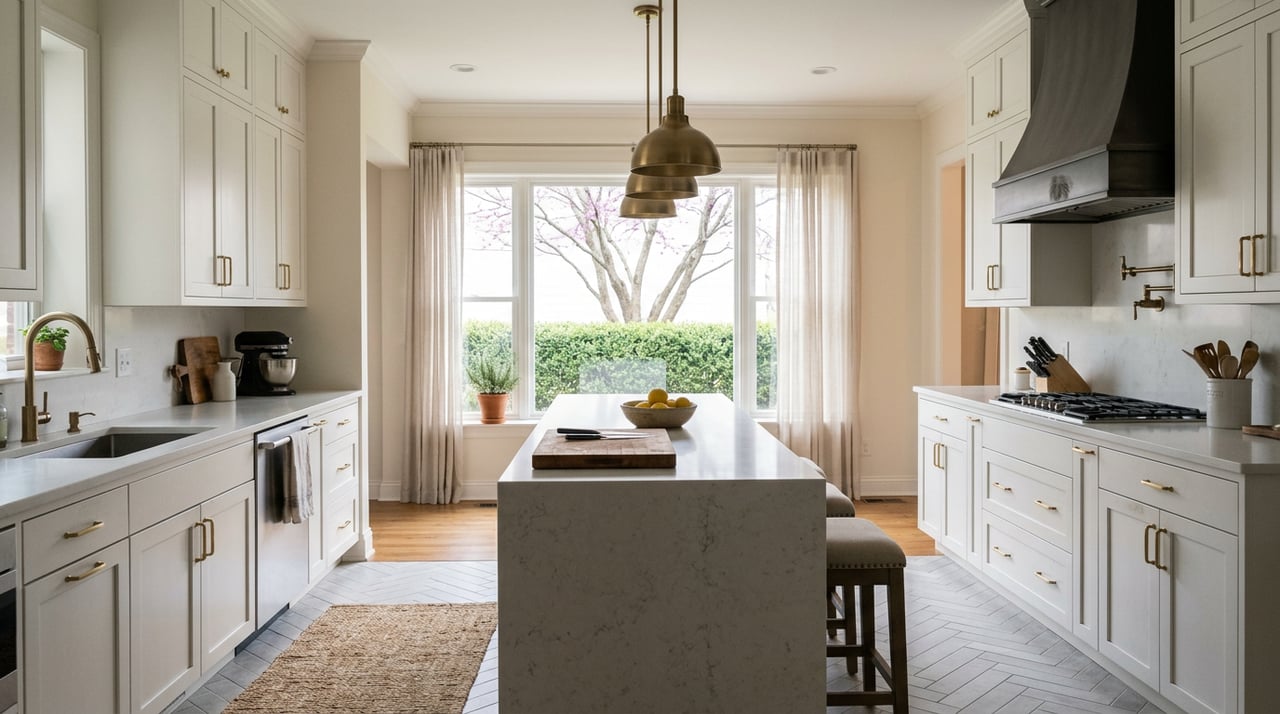 Kitchen with white cabinetry, a quartz island, brass pendants, lemons on a cutting board, and a garden beyond sheer curtains.