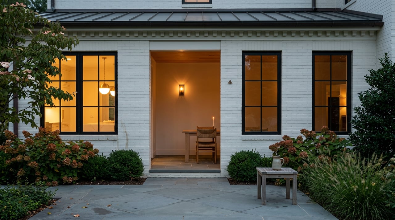 Painted-brick home with glowing black-framed windows above a bluestone terrace and late-summer plantings.