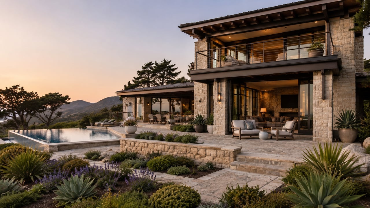 Architectural coastal residence with expansive glass walls, landscaped terraces, and an unobstructed ocean view.