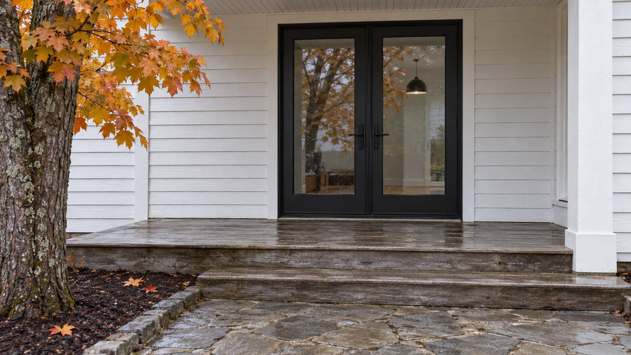 White wood-sided home's covered porch with closed black-framed glass doors, weathered timber steps and orange maple leaves after rain.