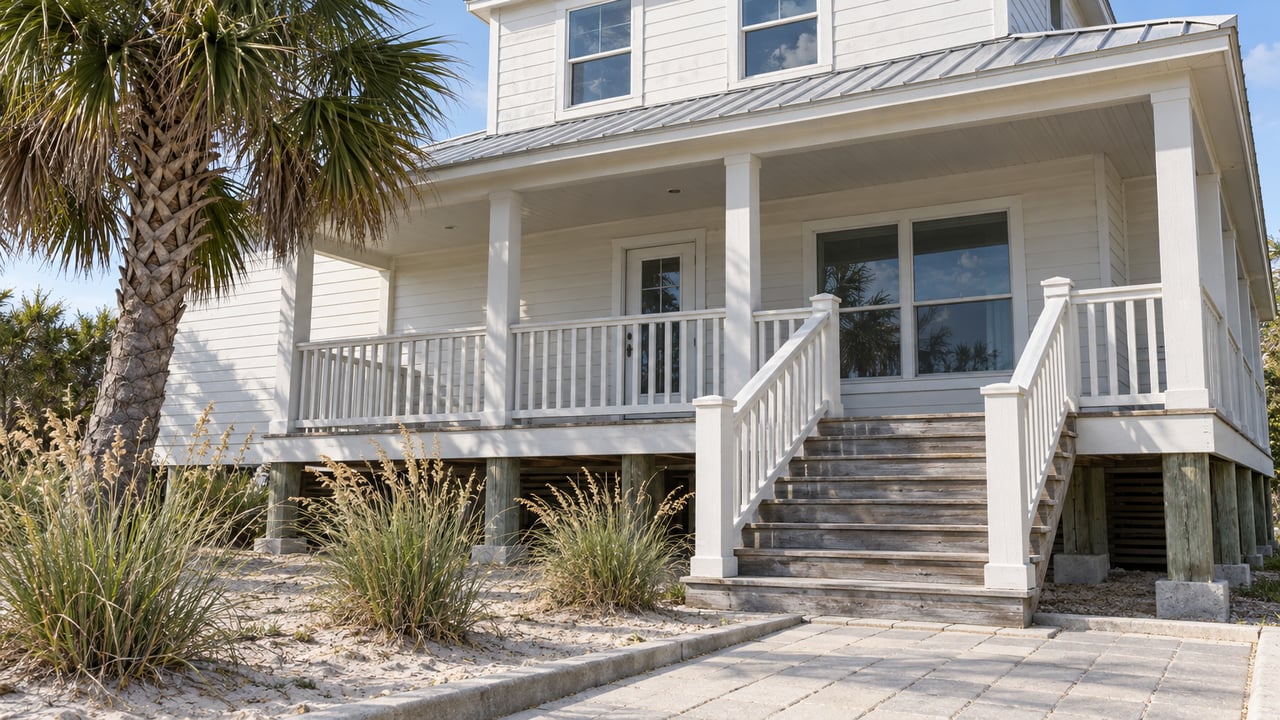 White elevated coastal house with a covered porch, wooden stairs, and palm trees.