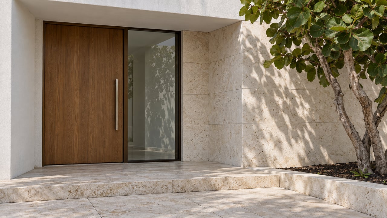 Close view of a recessed white stucco home entrance with an oak door, glazed sidelight, limestone steps and a sculptural sea-grape tree.