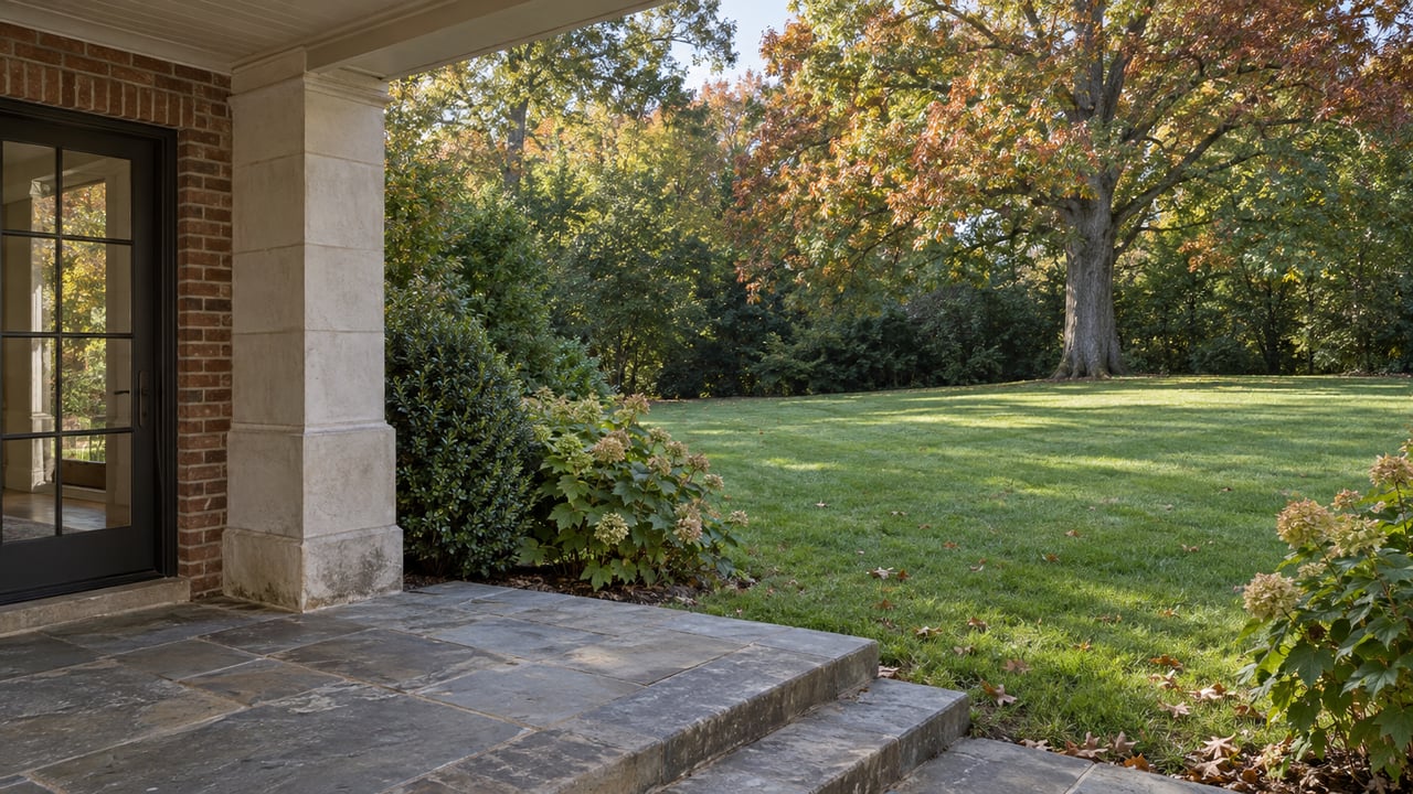A stone porch and brick entry overlook a broad lawn ending at a mature oak.