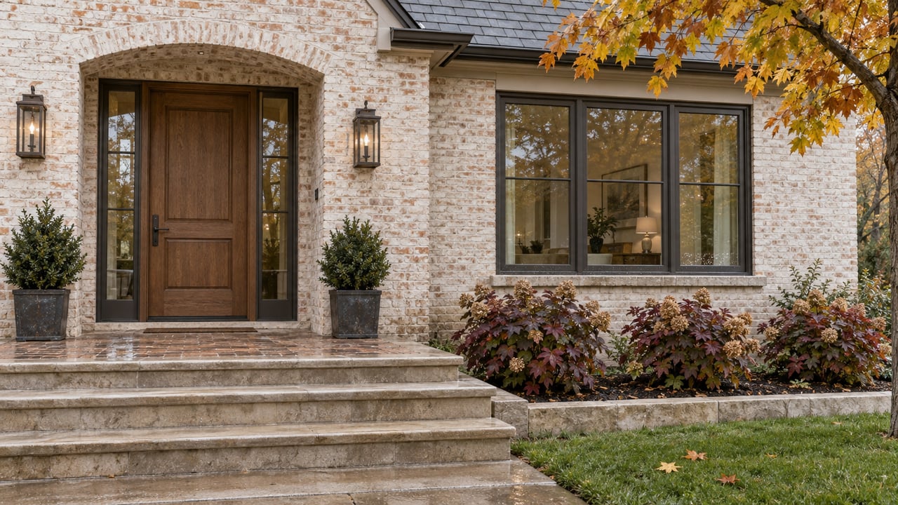 Limewashed brick home with oak entry door, limestone steps, bronze-framed windows and autumn oakleaf hydrangeas.
