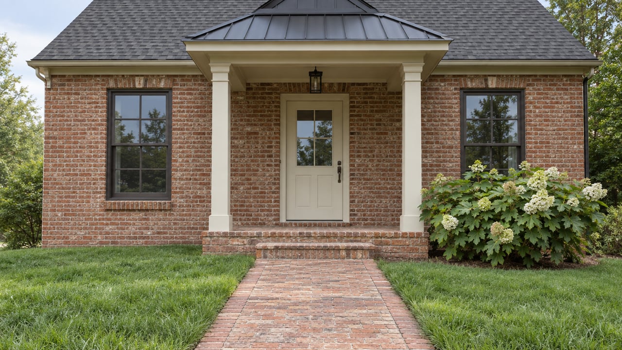 Renovated brick house with a cream front door, two divided-lite windows, and a brick walk through the lawn.