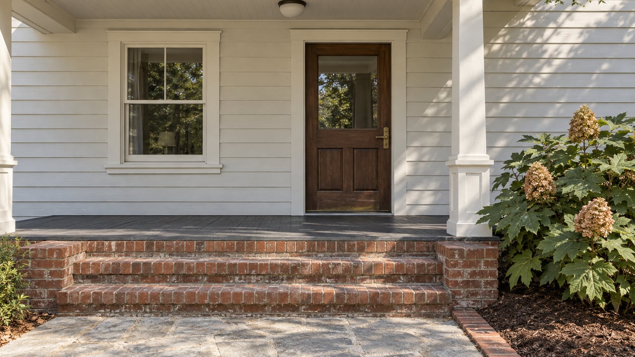 Off-white clapboard home with a dark wood front door, shaded porch, worn red-brick steps and an oakleaf hydrangea beside a stone approach.
