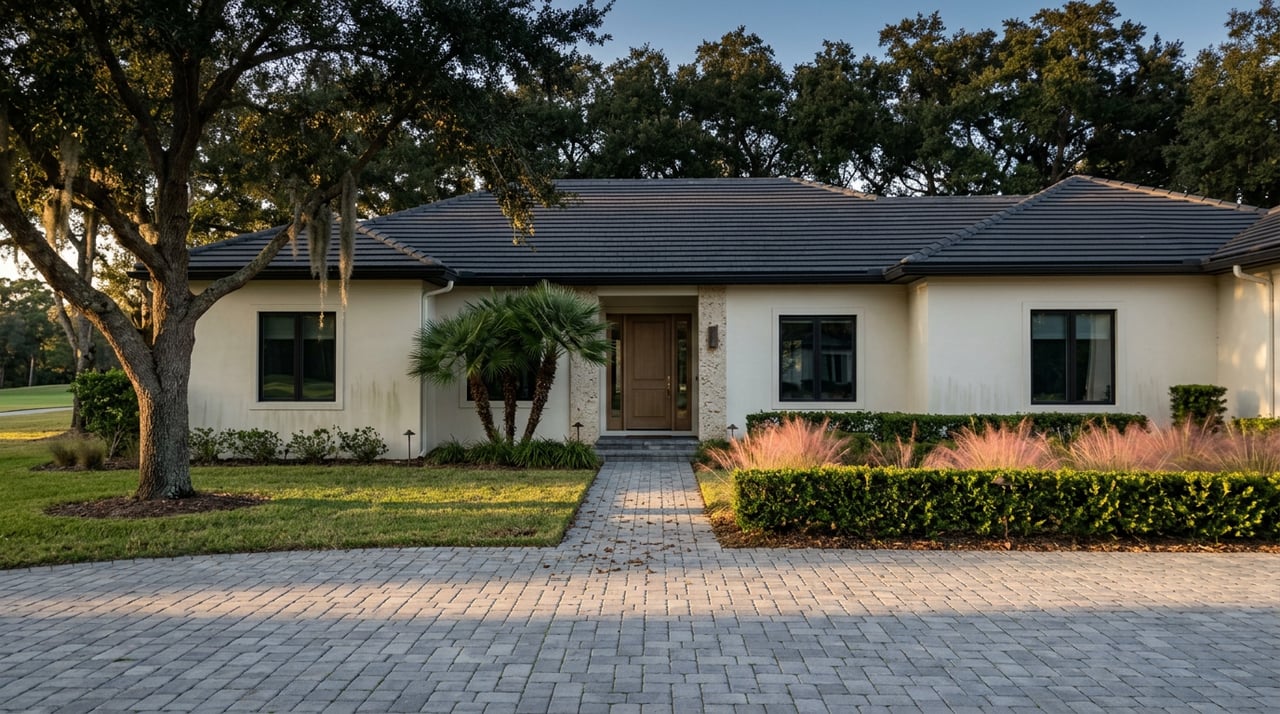 A cream stucco estate with a paver motor court, mature live oak, and palms.