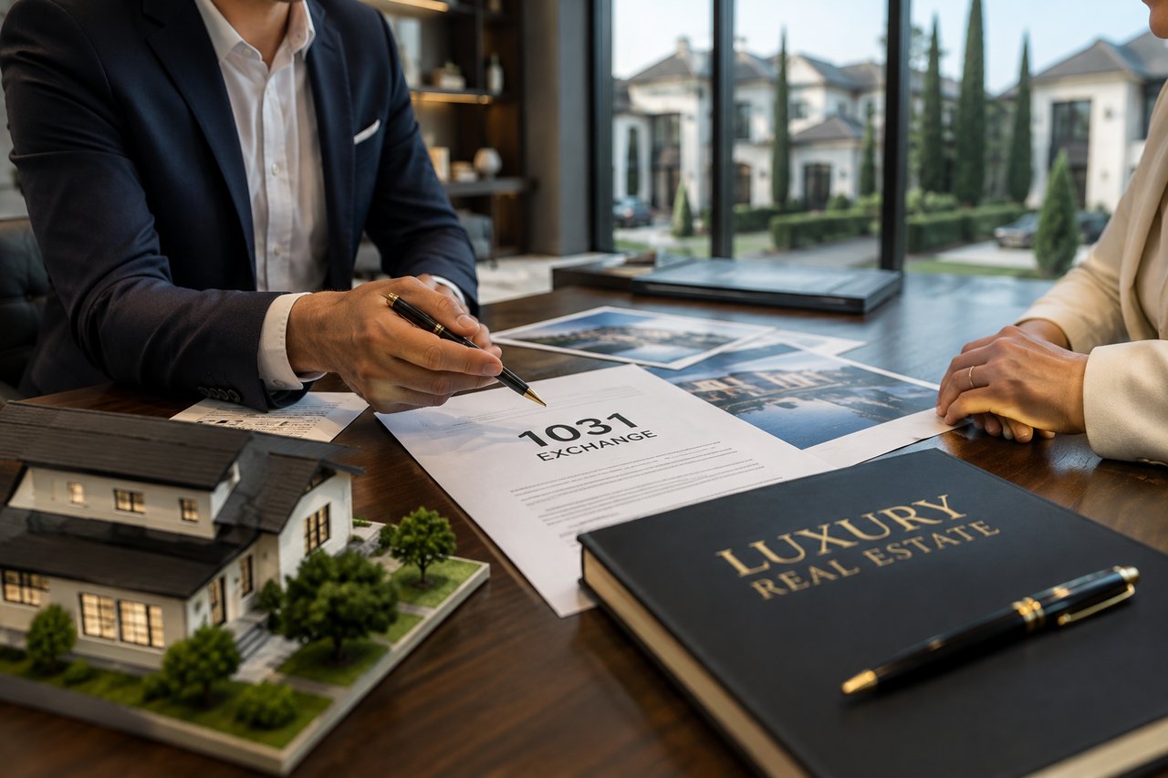 Luxury real estate seller reviewing 1031 exchange documents with a real estate professional, illustrating tax-deferred property exchanges and investment planning.