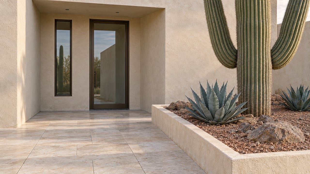 Pale stucco house entry with bronze-framed glass door, limestone paving, and a saguaro in a raised gravel bed.