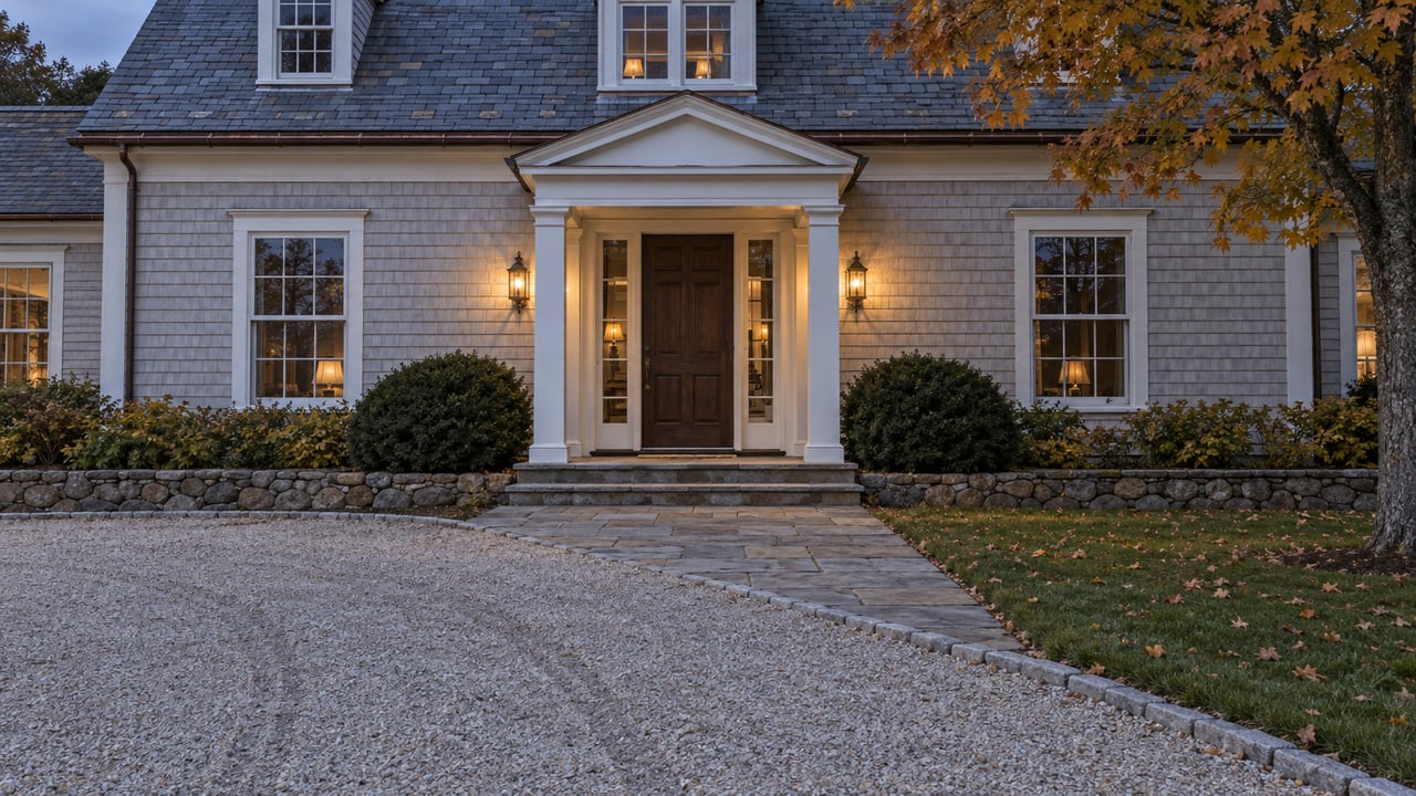 A light-gray shingle home at blue hour with a slate roof, white portico, warm entry lights and a spacious gravel forecourt edged by autumn lawn.