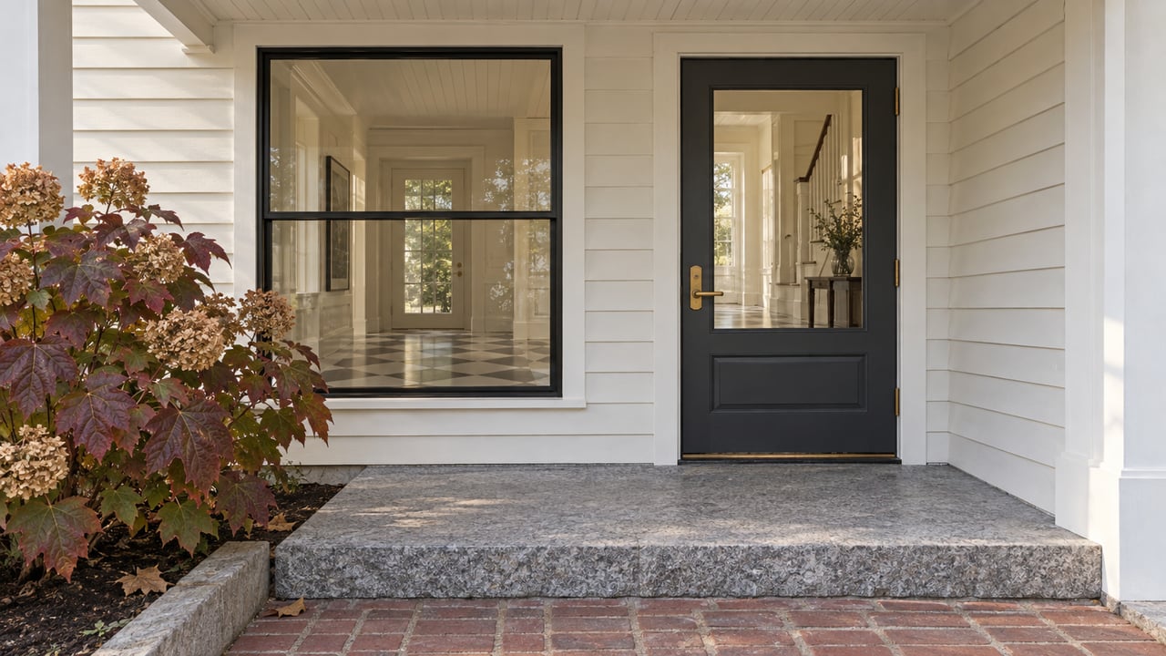 White house entrance with a black door, granite steps, and autumn hydrangeas beside a brick walkway.