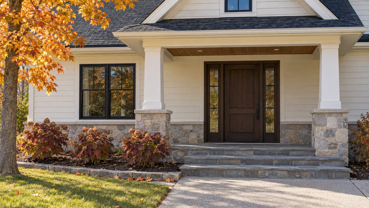 Autumn sunlight on a white-sided home's stone porch, oak front door and bluestone steps beside orange maple leaves and burgundy oakleaf hydrangeas.