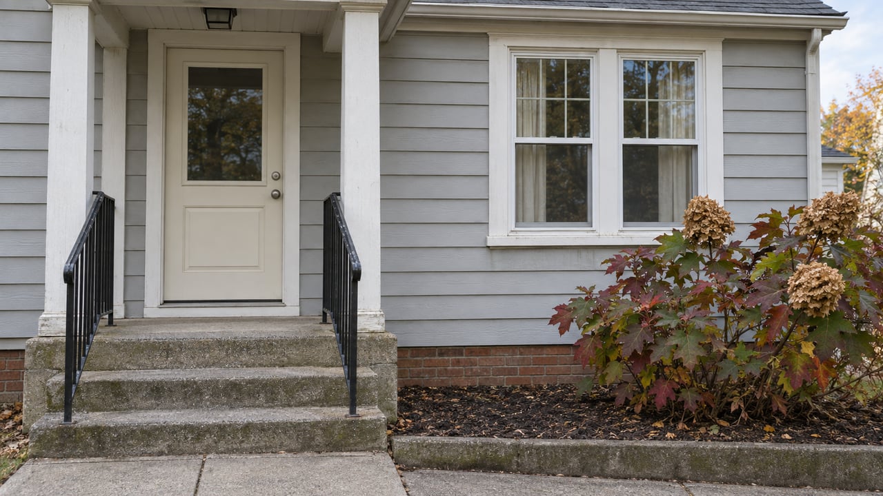 Weathered gray clapboard house entry with concrete steps, black handrails and an autumn oakleaf hydrangea beside a double-hung window.