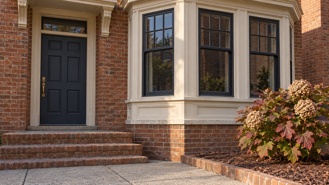 Sunlight falls across a red-brick home entrance, dark blue door, gridded bay windows and a small oakleaf hydrangea bed.