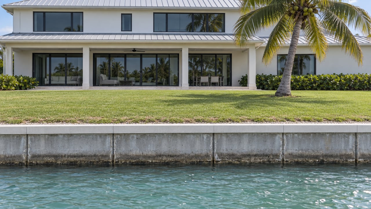 Concrete seawall borders a rippled canal below a lawn, white stucco home, and leaning coconut palm.
