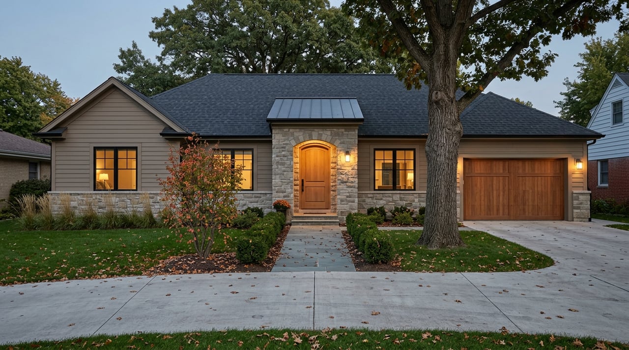 Taupe-and-stone home at dusk, with warm glowing windows, an arched oak entry, and a large oak tree.