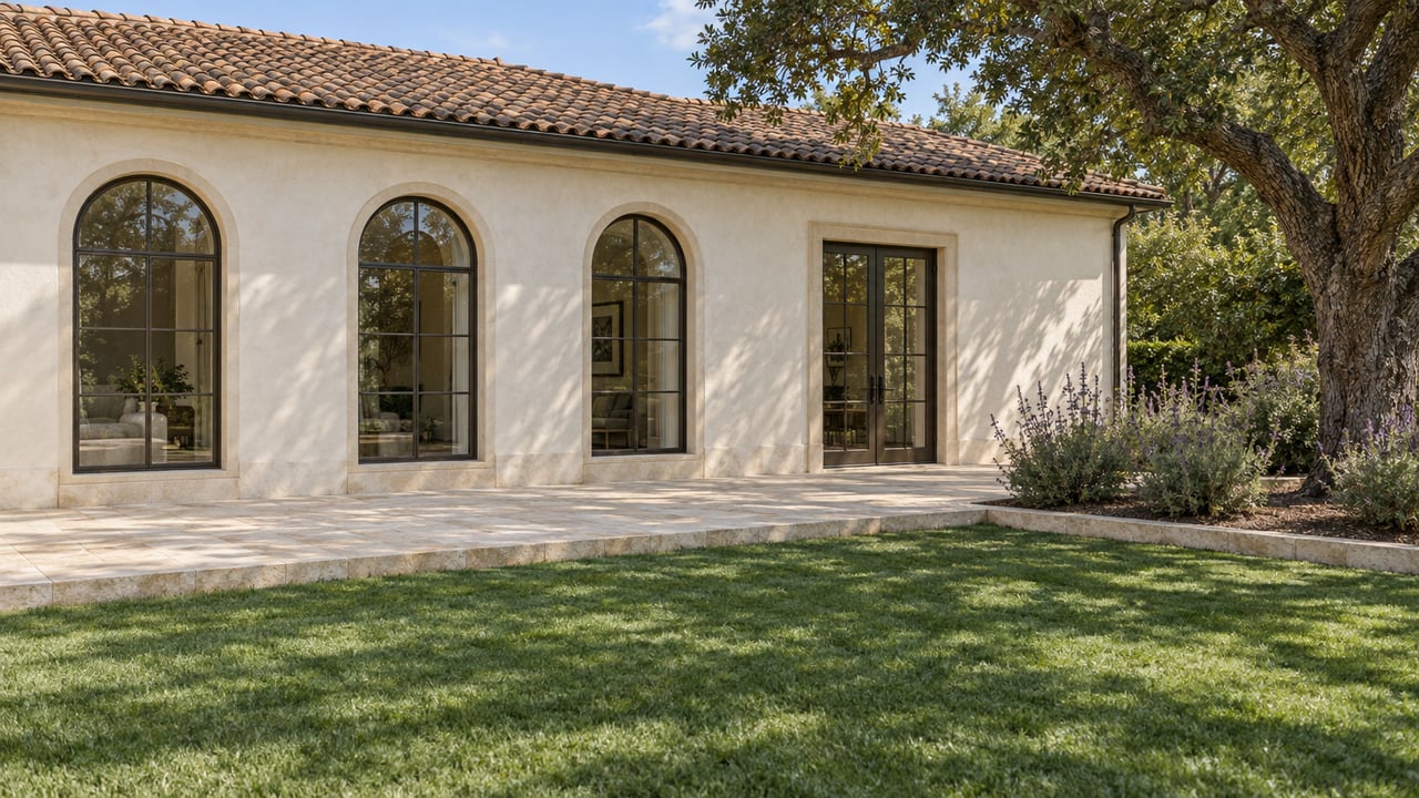 Ivory stucco estate wing with arched windows and a clay tile roof beyond a broad lawn and limestone terrace, beside a mature oak.