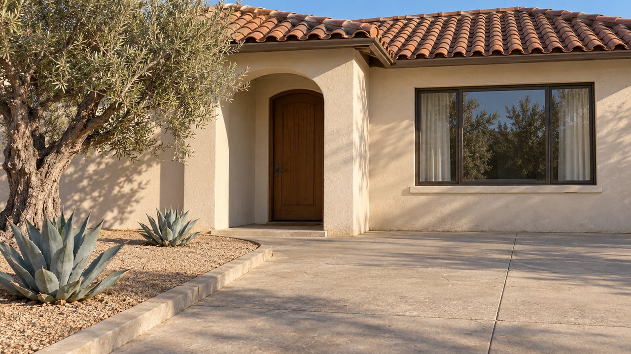 Stucco house with a terracotta tile roof, arched wooden entry, and agave landscaping beside the driveway.