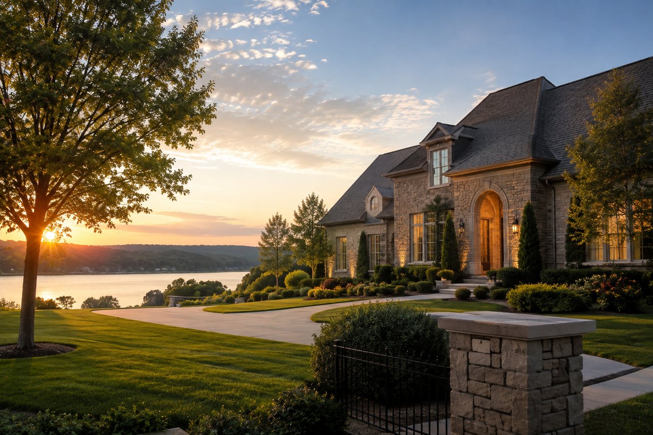 Luxury Tennessee home at sunset with elegant stone architecture, manicured landscaping, and scenic water views, illustrating the best time to sell a luxury home in Tennessee.