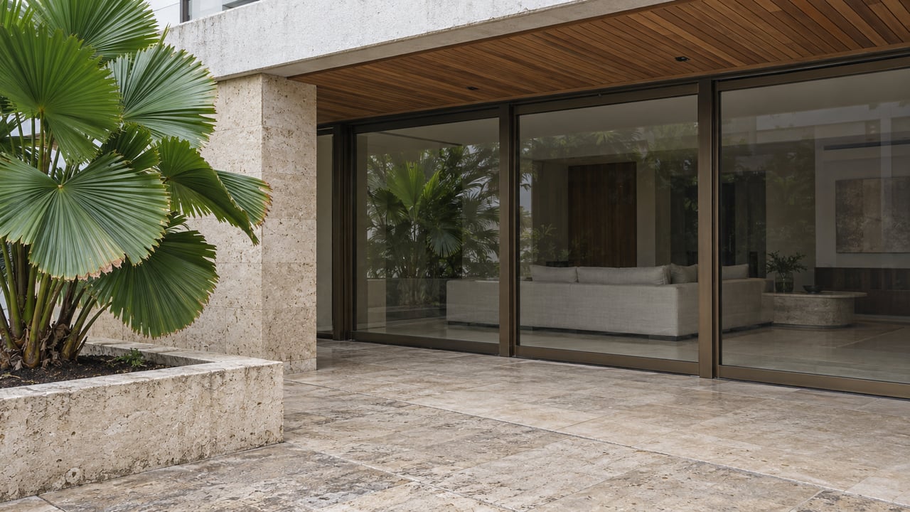 Covered condominium terrace with white stucco, limestone, teak soffit, closed bronze-framed glazing, and a fan palm in a raised stone planter.