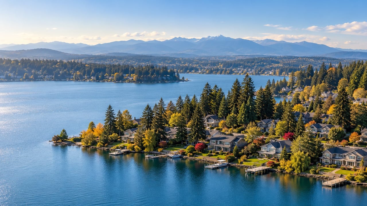 Aerial view of a tree-lined lake and detached homes evoking Lake Stevens, Washington in early autumn